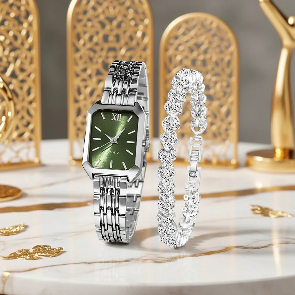 Rhinestone Rectangle Watch & Bracelet Set (Single or Double Set)