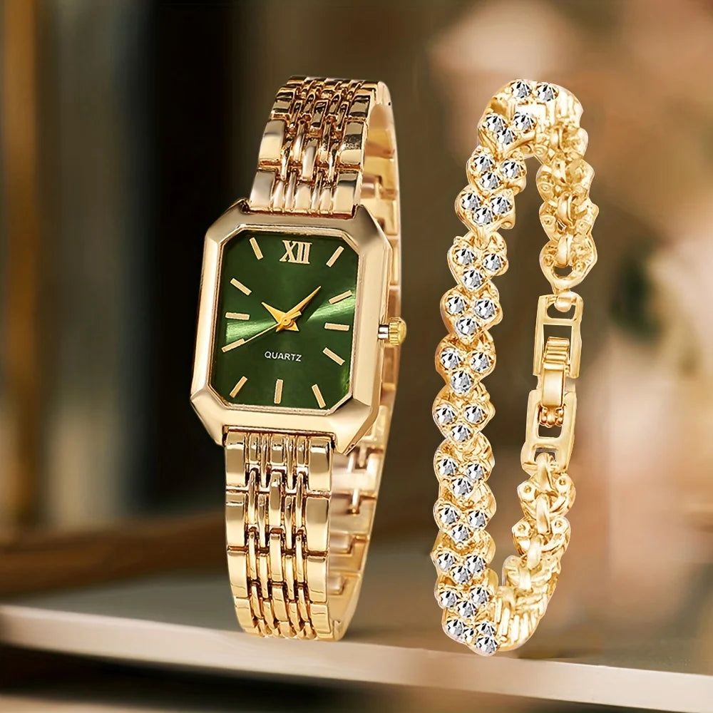 Women’s Rhinestone Rectangle Quartz Watch & Bracelet Set – 2-Piece Elegant Jewelry Set