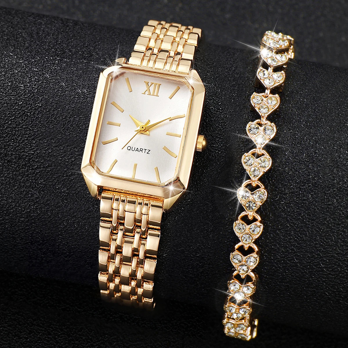 Women’s Rhinestone Rectangle Quartz Watch & Bracelet Set – 2-Piece Elegant Jewelry Set