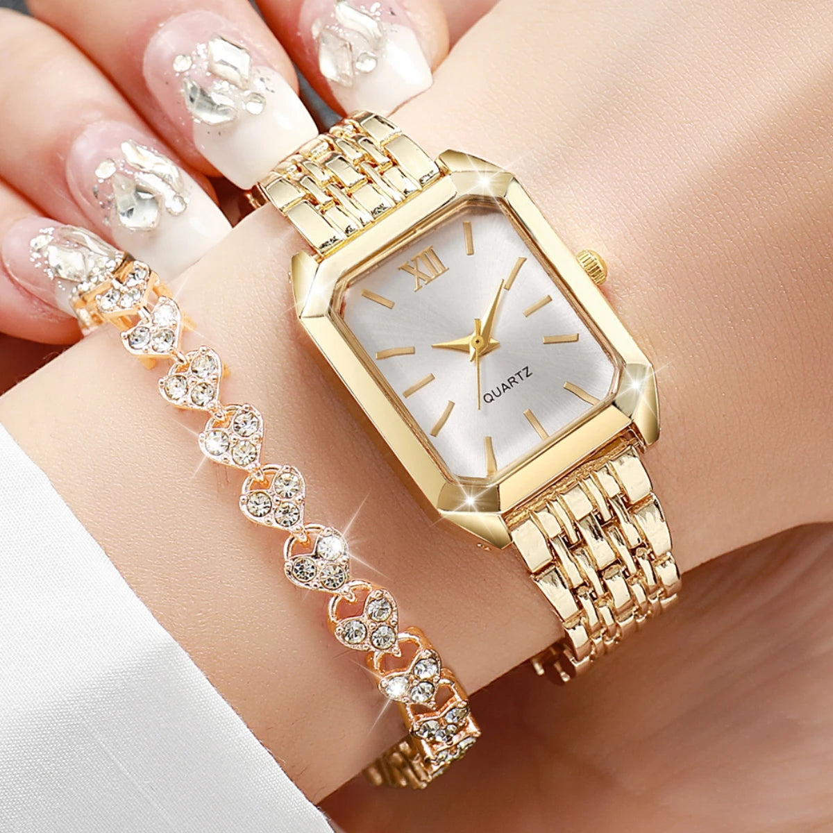 Women’s Rhinestone Rectangle Quartz Watch & Bracelet Set – 2-Piece Elegant Jewelry Set
