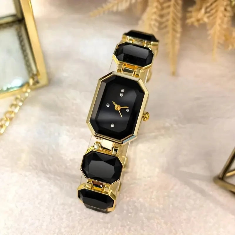 Elegant Rectangular Gold Quartz Watch — Luxury Jeweled Bracelet Set