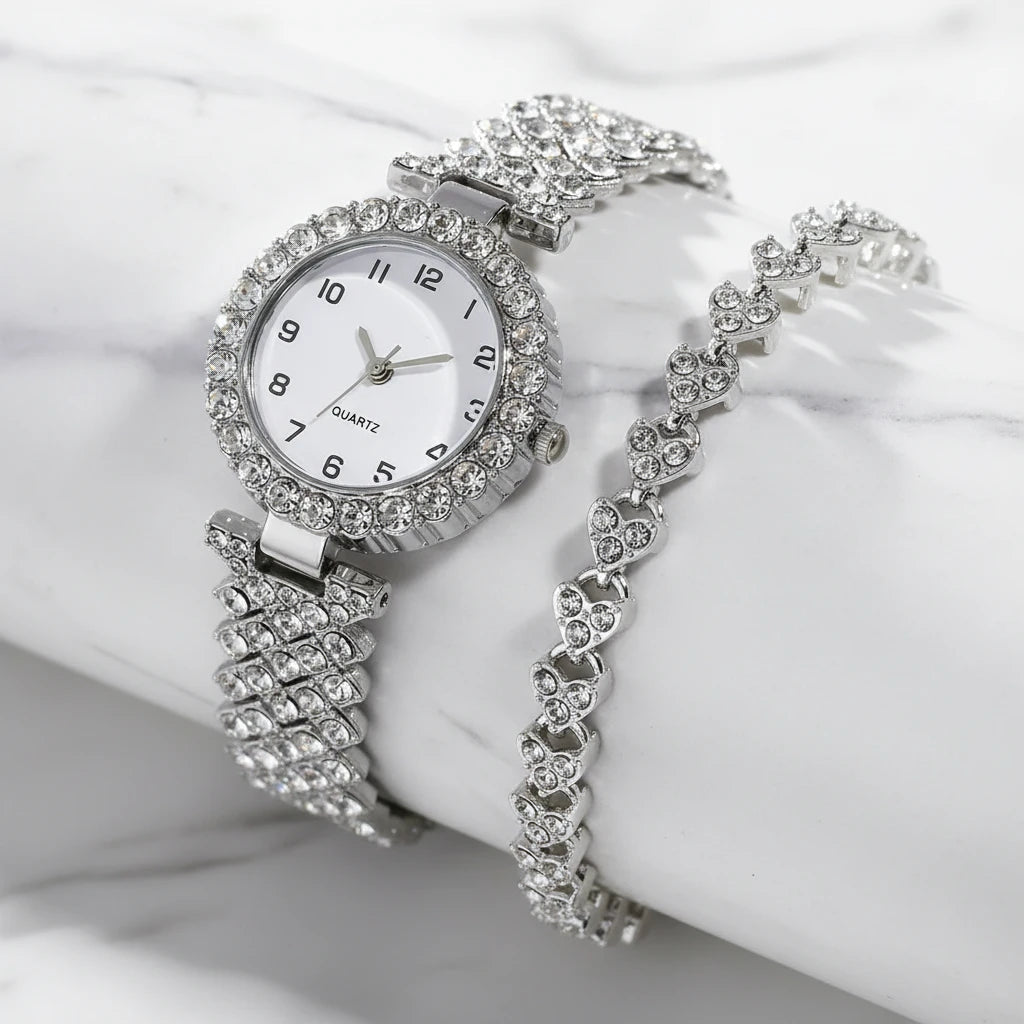 Luxury Crystal Watch & Bracelet Set for Women (Single or Double Set)