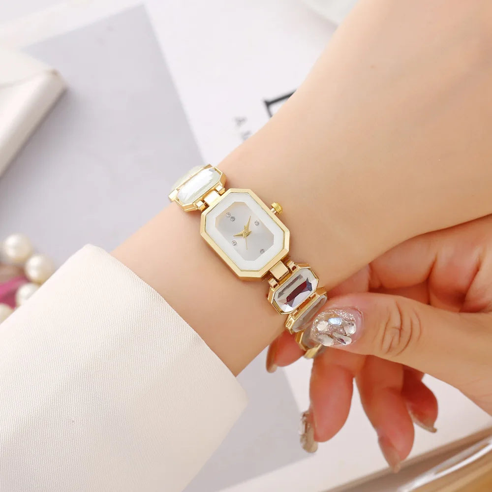 Elegant Rectangular Gold Quartz Watch — Luxury Jeweled Bracelet Set