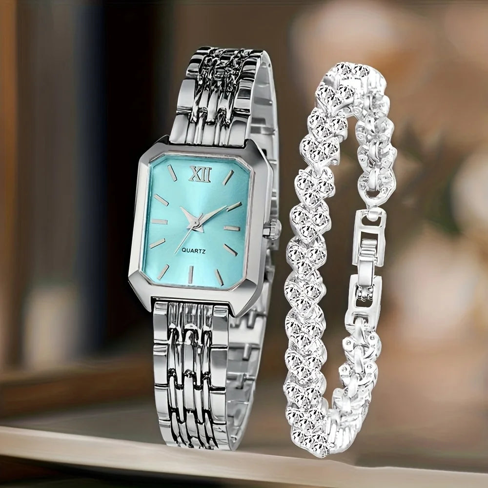 Women’s Rhinestone Rectangle Quartz Watch & Bracelet Set – 2-Piece Elegant Jewelry Set