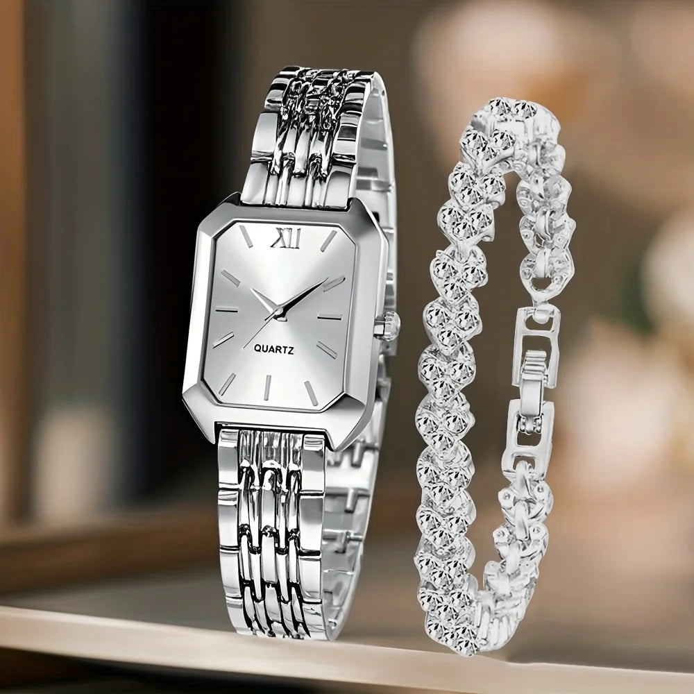Women’s Rhinestone Rectangle Quartz Watch & Bracelet Set – 2-Piece Elegant Jewelry Set