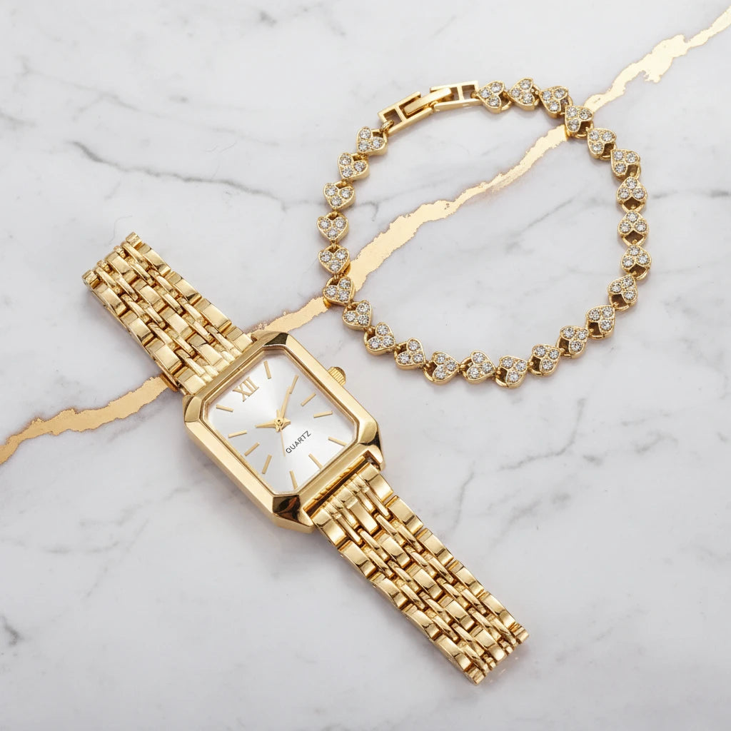 Rhinestone Rectangle Watch & Bracelet Set (Single or Double Set)