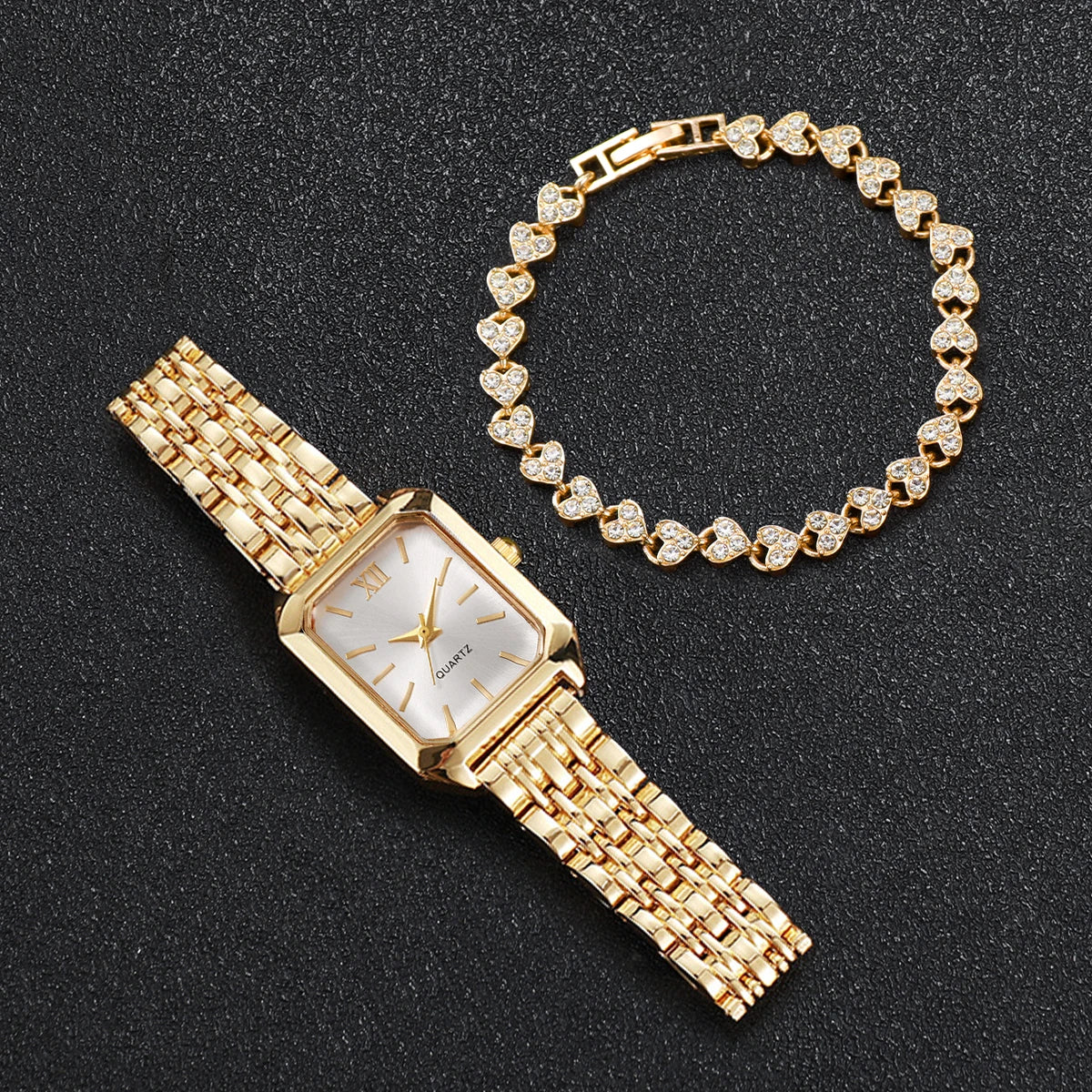 Women’s Rhinestone Rectangle Quartz Watch & Bracelet Set – 2-Piece Elegant Jewelry Set