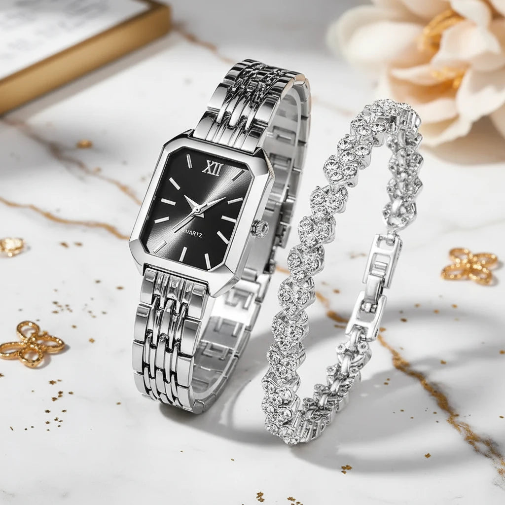 Rhinestone Rectangle Watch & Bracelet Set (Single or Double Set)