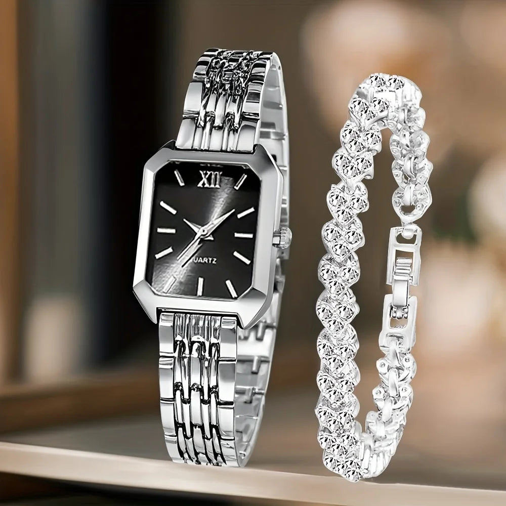 Women’s Rhinestone Rectangle Quartz Watch & Bracelet Set – 2-Piece Elegant Jewelry Set