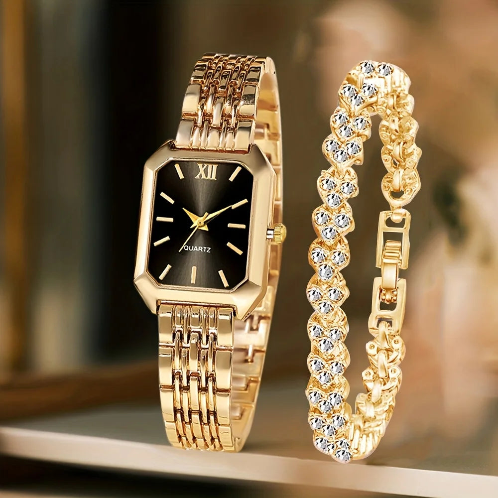 Women’s Rhinestone Rectangle Quartz Watch & Bracelet Set – 2-Piece Elegant Jewelry Set