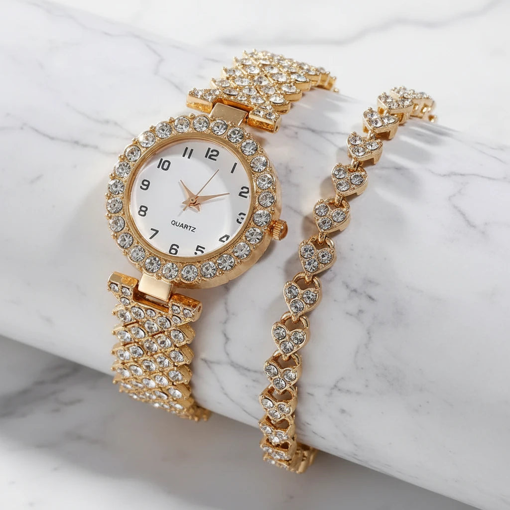Luxury Crystal Watch & Bracelet Set for Women (Single or Double Set)