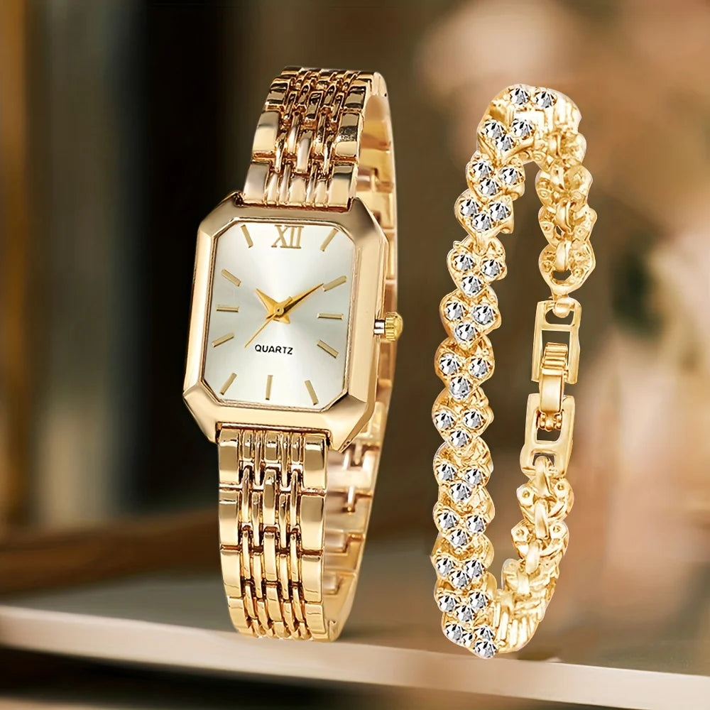 Women’s Rhinestone Rectangle Quartz Watch & Bracelet Set – 2-Piece Elegant Jewelry Set