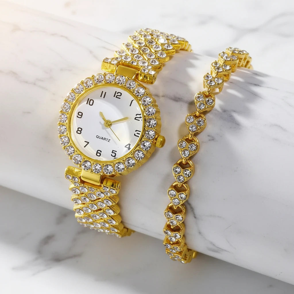 Luxury Crystal Watch & Bracelet Set for Women (Single or Double Set)