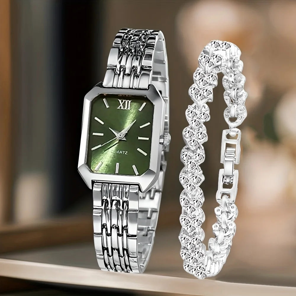 Women’s Rhinestone Rectangle Quartz Watch & Bracelet Set – 2-Piece Elegant Jewelry Set