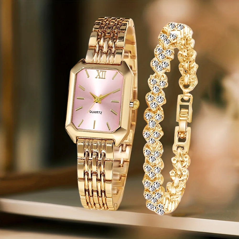 Women’s Rhinestone Rectangle Quartz Watch & Bracelet Set – 2-Piece Elegant Jewelry Set