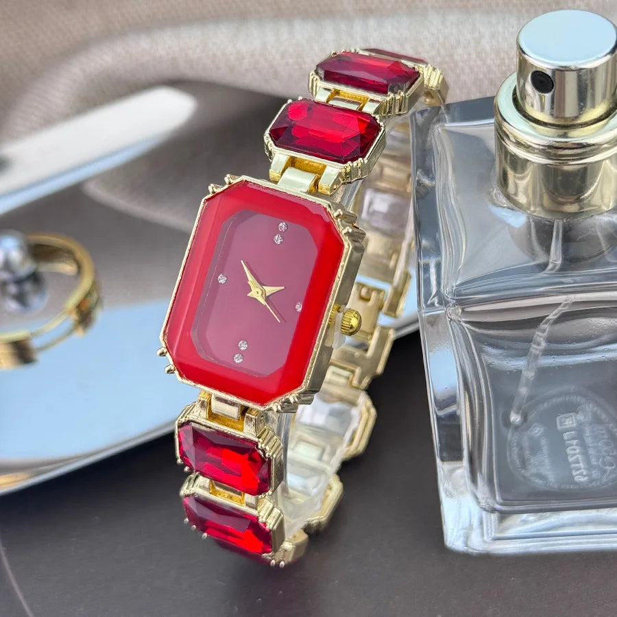 Elegant Rectangular Gold Quartz Watch — Luxury Jeweled Bracelet Set