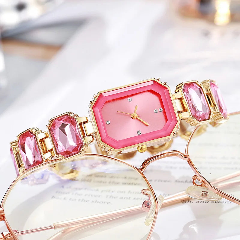 Elegant Rectangular Gold Quartz Watch — Luxury Jeweled Bracelet Set